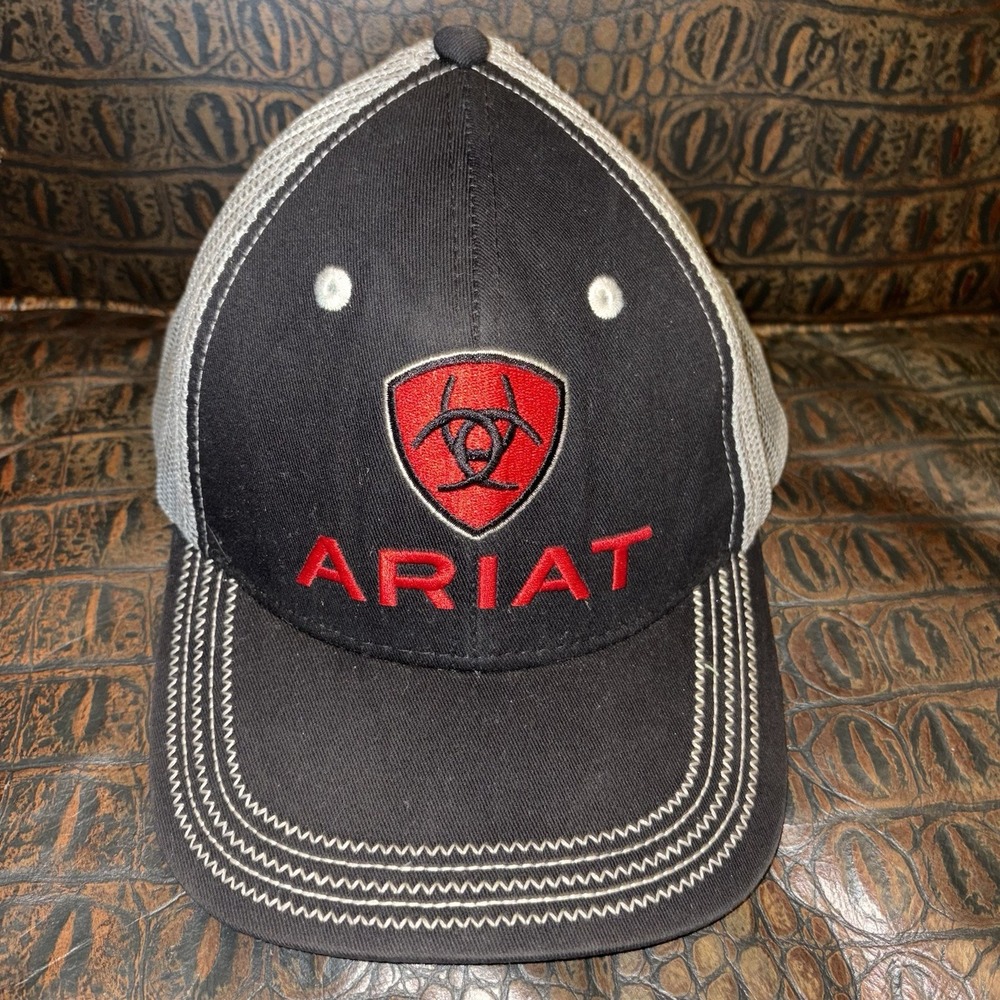 Ariat Hat Ball Cap‎ Mesh Adjustable Back Big Front Logo Gray Black